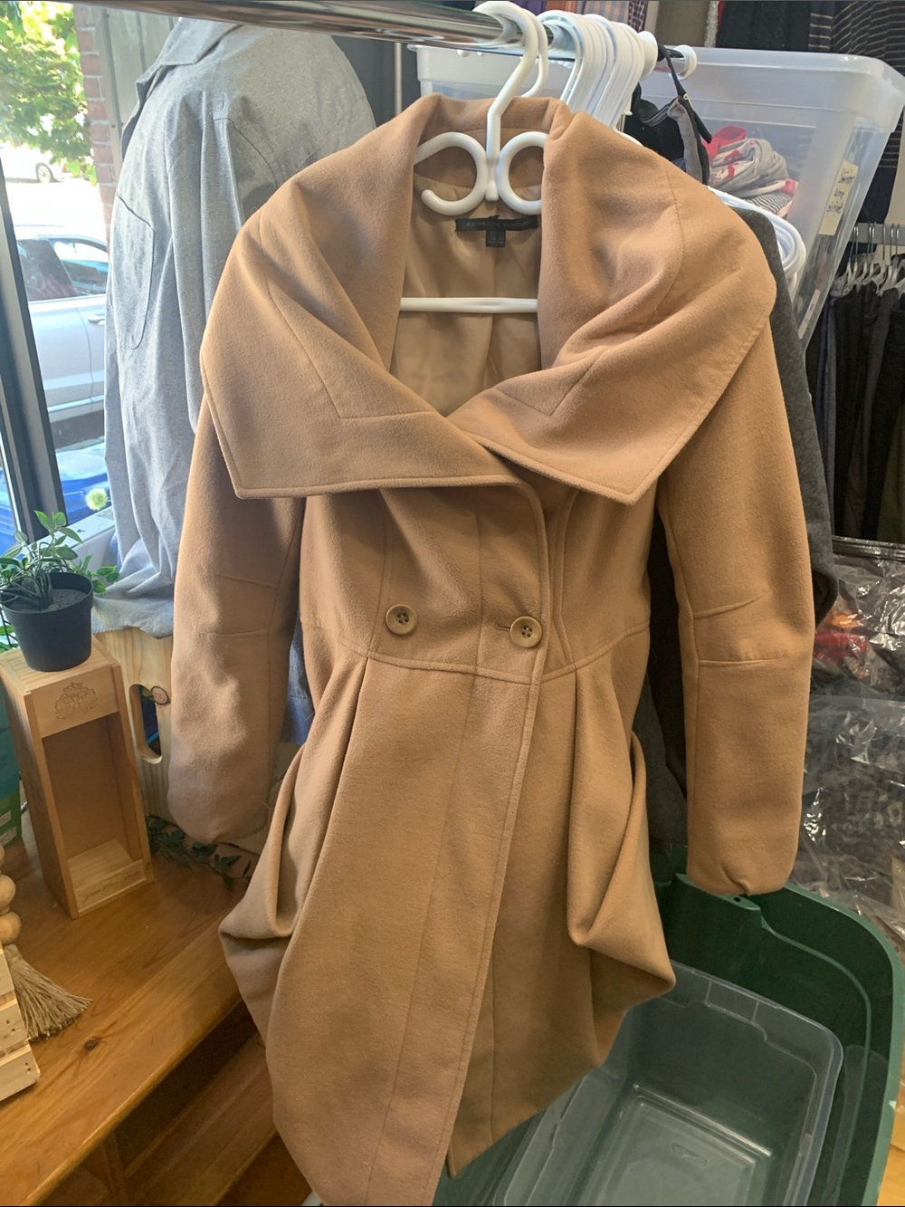 Katherine Barclay Camel Funnel Collar Wool Trench Coat